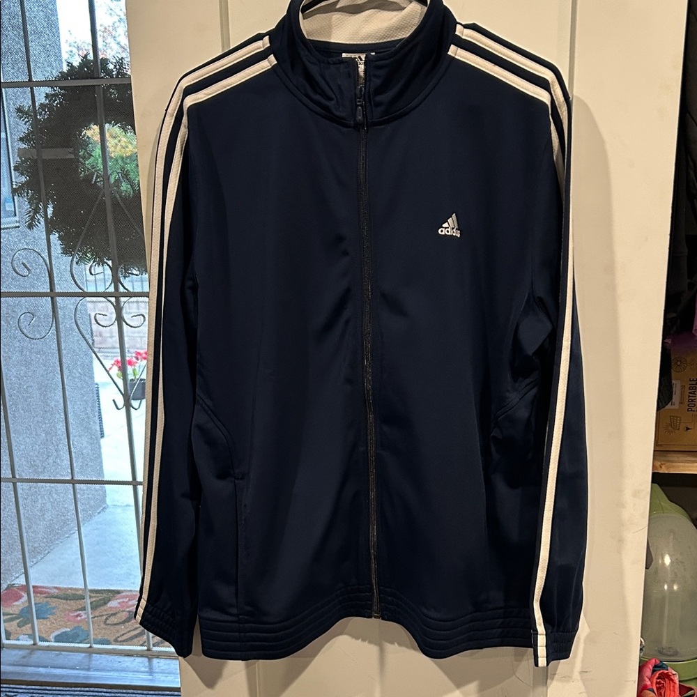 Used Adidas Men's Navy Blue Zip-Up 3 stripe tricot Track Jacket